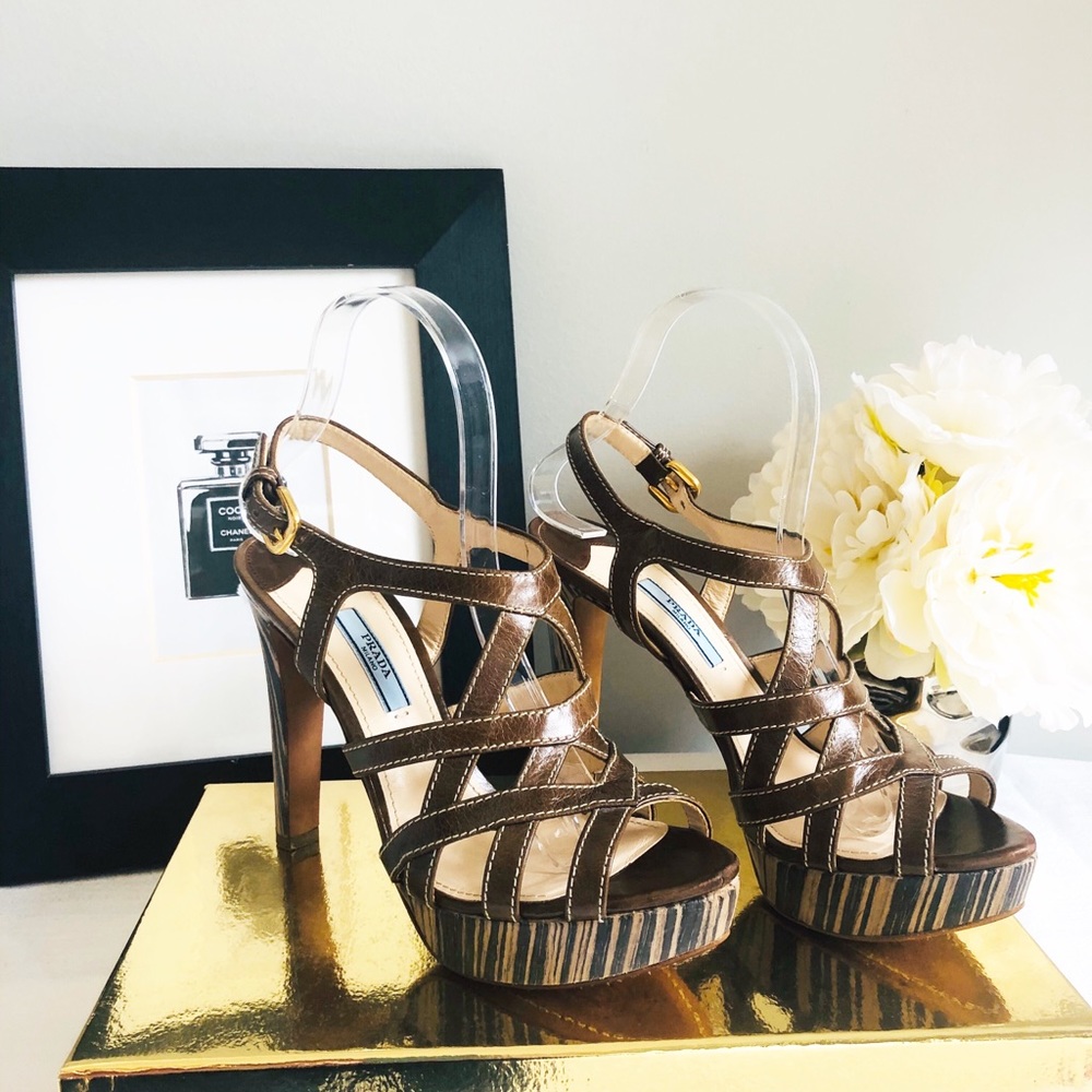Prada Brown Caged Leather Wood Sandals/Heels Sz.8